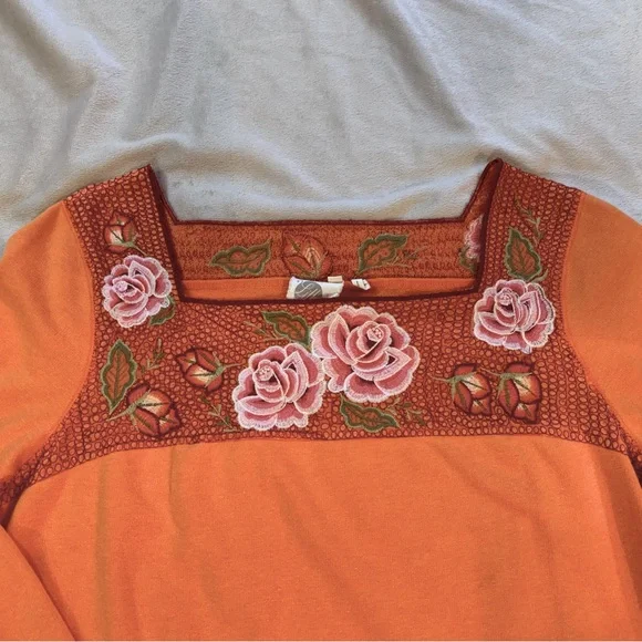 Anthropologie Orange Top with Pink Floral Embroidery - Picture 3 of 3